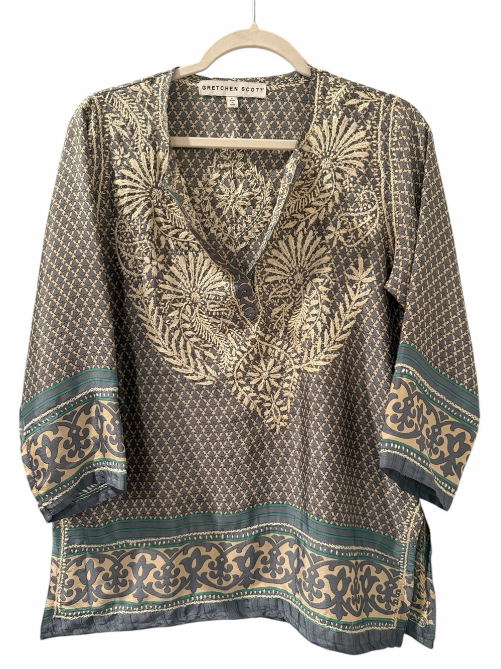 Gretchen Scott Embroidered Printed Tunic Top Blue Green Size S
